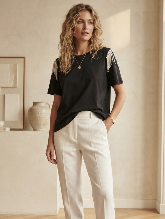 Jolie Tops - NWT Jolie Black Short Sleeve Top with Pearl Detail